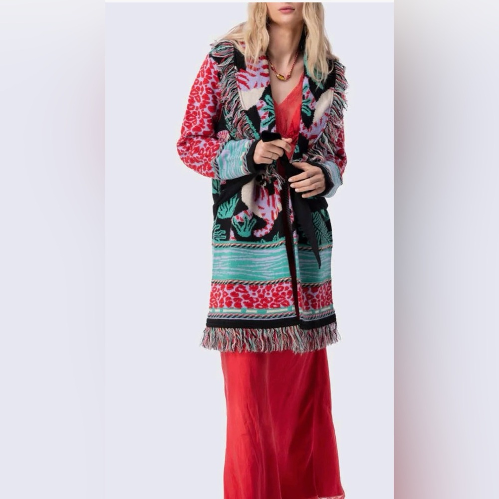 Essitam Cardigan with cool Panther print Wool Blend  NWT